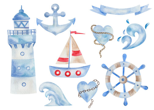 Watercolor illustration of hand painted blue lighthouse, beacon, anchor, wooden steering wheel with rope, heart, ship, vessel, boat. Isolated marine clip art elements for sea, summer fabric textile