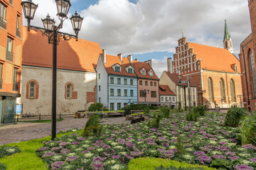 Riga in summer. Cultural sites in Latvia. Beautiful buildings in old town. Baltic states city to visit. 