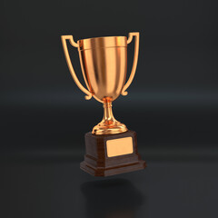 Bronze trophy cup floating on a black background, 3d render
