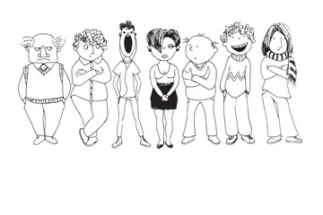 Vector outline group of people standing in a row on a white background
