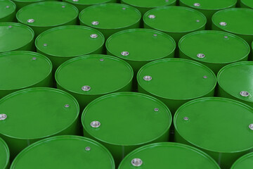 Lots of green metal barrels, 3d render