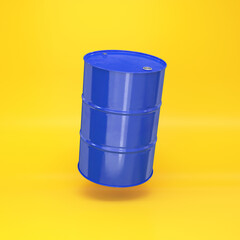 Blue metal barrel floating on a yellow background, 3d render