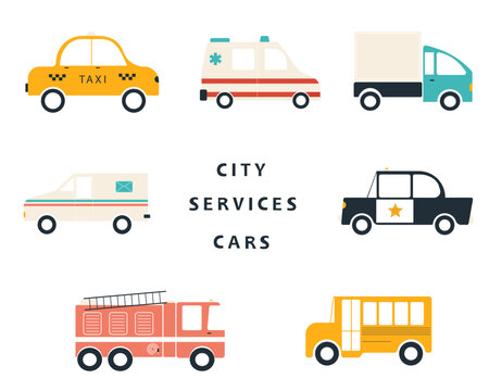 City services cars. Hand drawn kids vehicle. Fire truck, ambulance, police, taxi, mail truck, delivery truck, school bus. Vector baby textile set, stickers, posters.