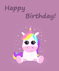 Birthday postcard with unicorn and title "Happy birthday!".