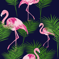 Seamless pattern with flamingo and tropical leaves. Graphic design for printing, packaging, textiles, clothing, wallpaper and more.