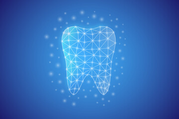 Tooth low poly symbol with white connected dots. 3d geometric polygonal Stomatology. Dentistry service, dental care design vector illustration.