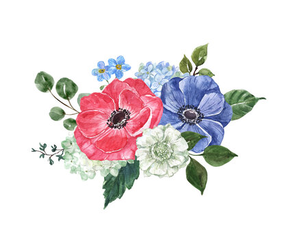 Watercolor floral arrangement with hand-painted red, white and blue flowers, and green leaves. Holiday card design. Summer bouquet.