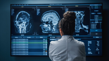 Medical Hospital Research Lab: Black Female Neuroscientist Looking at TV Screen, Analyzing Brain...