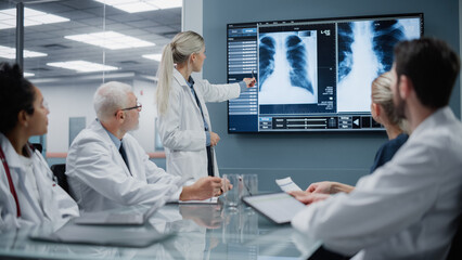 Health Care Research Hospital Meeting Room: Female Physician Presents Patient X-ray on TV Screen,...