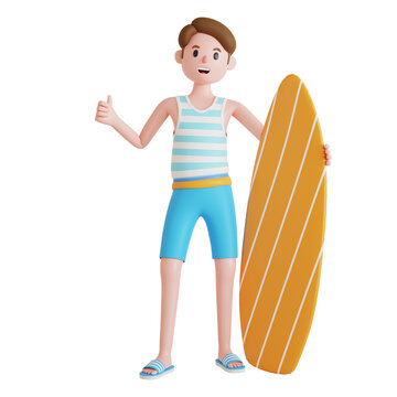 3d illustration of male character giving thumbs up while embracing surfboard. 3d rendering.