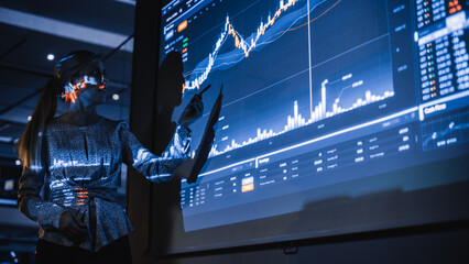 Business Conference Meeting Presentation: Businesswoman does Financial Analysis talks to Group of...