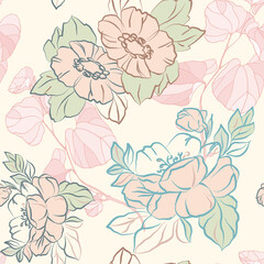 Seamless background with spring garden flowers and decor leaves. Vector version.