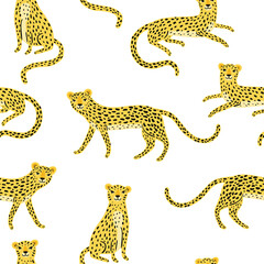 Seamless pattern with cute cartoon leopards and tropical leaves