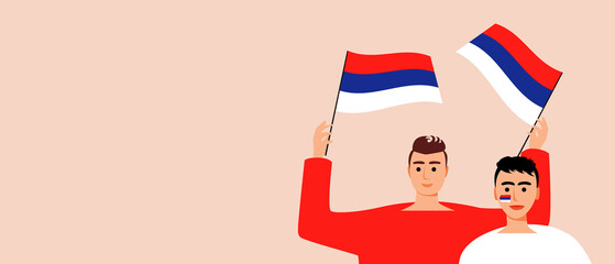 Football fans from Serbia, flat vector stock illustration as copy space template with people with flags