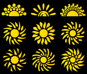 sun icon set, yellow circle and half circle sun logo collection. Abstract creative illustrations for your design.