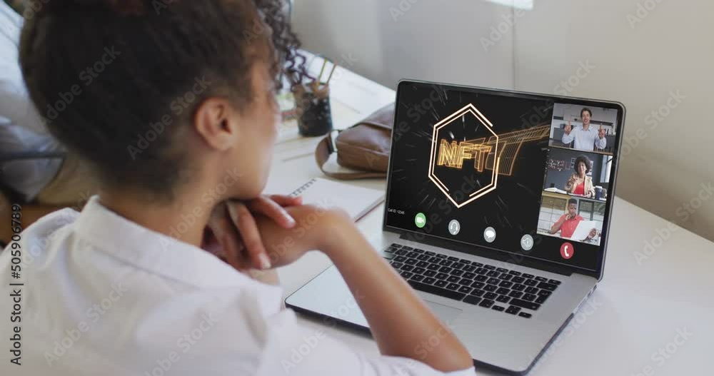 Poster Video of biracial woman having nft video call on laptop with diverse coworkers