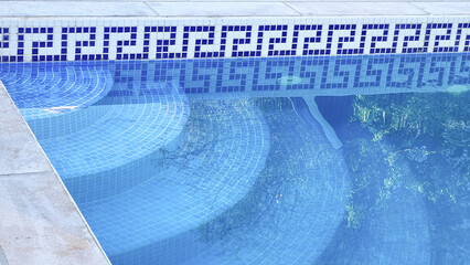 Greek ornament, blue on white swimming pool wall and stairs.