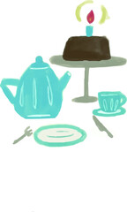 ティーポットとティーカップお皿とケーキお祝いをする