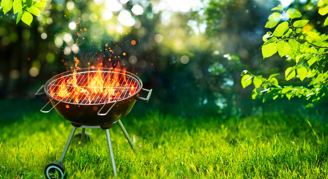 Barbecue Grill In Garden with Fire Flame - Grilling In Outdoor