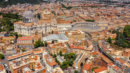 Aerial view of Papal Basilica of Saint Peter in the Vatican located in Rome, Italy. It is the most...