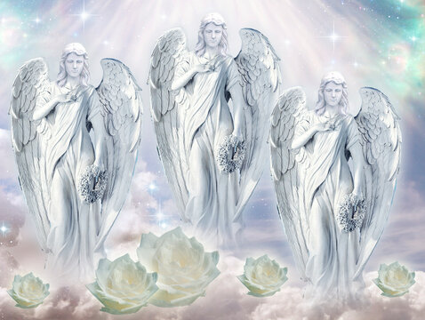 three angels archangels with divine rays of light like spiritual and religious concept