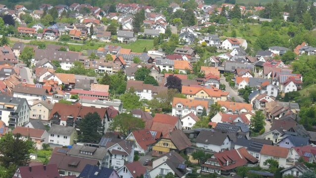 View of red authentic colorful German roofs. Typical German houses in Germany, aerial view