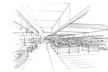 supermarket area sell various products sketch drawing,Modern design,vector,2d illustration