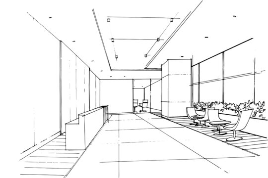 Company office waiting area sketch drawing,Modern design,vector,2d illustration