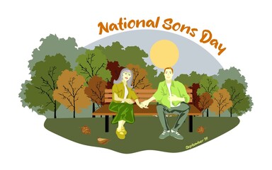 Happy European family sits on a park bench in sunny weather. National sons day conceptual vector design. Elderly mother sits on a bench with her son