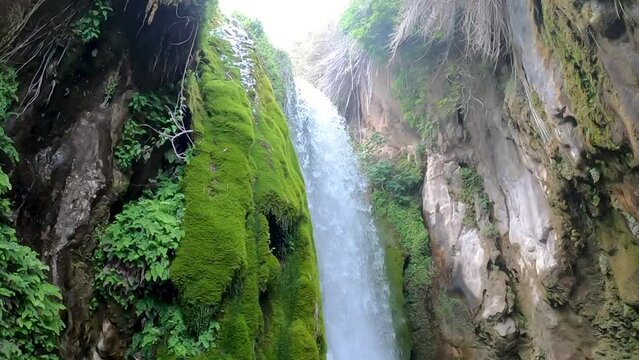 Slow motion going from top to bottom of a waterfall between rock walls and wild vegetation