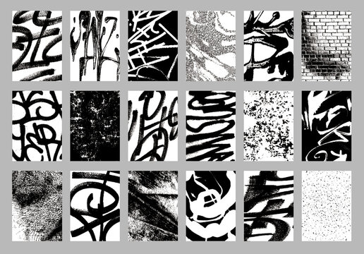 Grunge textures set. Abstract graffiti backgrounds. Brush strokes, spots, scratches, stripes. Sketch monochrome vector illustrations isolated on a white background.