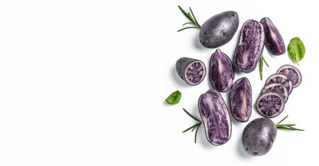 Raw cut purple sweet potatoes isolated on white background. Ipomoea batatas. Batata potato. Long banner format. top view