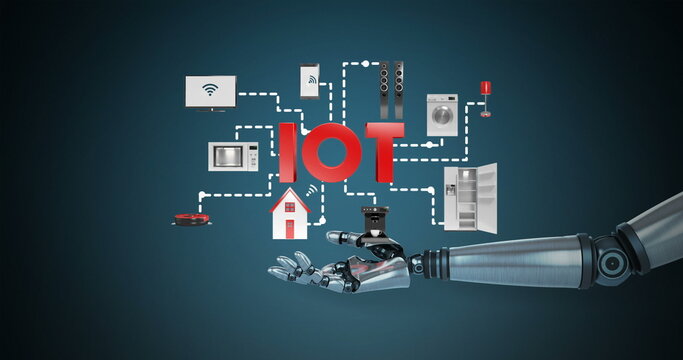 Robotic hand presenting digital iot symbol surrounded with home appliance icons