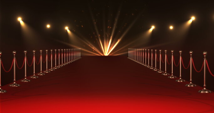 Long red carpet with spotlights against red background