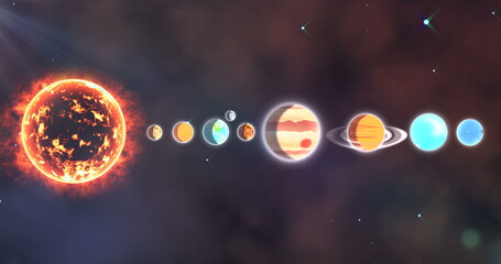 Solar system with sun and planets in a row