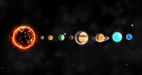 Solar system with sun and planets in a row