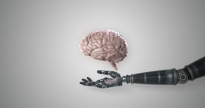 Robotic hand presenting digital human brain against white background