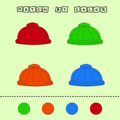 Connect the name of the color and the character of the hat. Logic game for children.
