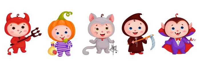 Poster Schattige dieren set Aantal kinderen in Halloween kostuums. Grappige stripfiguren.