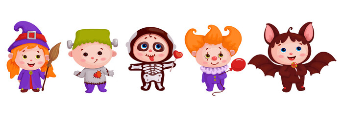 Set van kinderen in Halloween kostuums. Grappige stripfiguren.