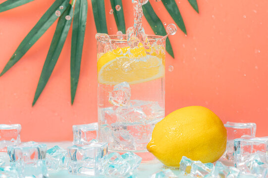 fresh summer ice drink,lemon soda with colorful background.