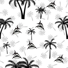 Fototapeta premium Summer funny seamless pattern design. Shark with sunglasses, palm tree, surfboard, wave and seashell..