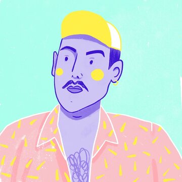 Illustrated portrait of a young man with mustache and a hat
