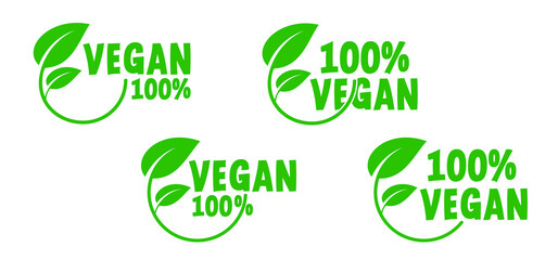 Organic vegan 100% with leaves, Bio, eco icon or symbol. lactose free, vegan, no meat, healthy, fresh food. Green logo. Vegetarian healthy food. Nature, ecology.