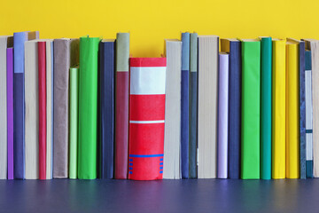Different colorful books on bookshelf. Free space for text