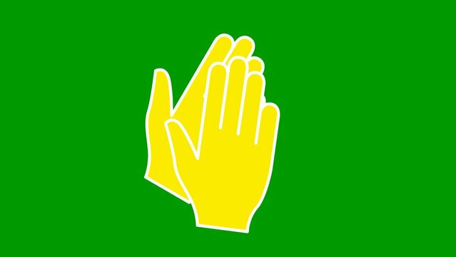 Animated yellow symbol of hands. Hands clap. Icon of applause. Looped video. Vector flat illustration isolated on green background. 