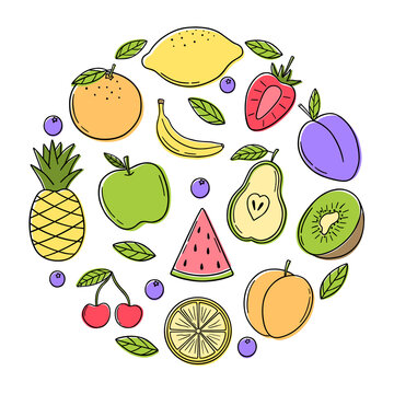 Hand drawn set of summer tropical fruits doodle.  Vegetarian food in sketch style.  Vector illustration isolated on white background.