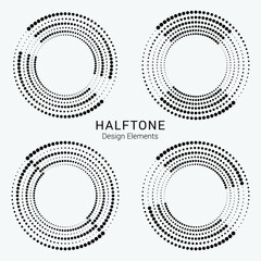Halftone logo set. Circular dotted logo isolated on the white background. Garment fabric element set. Halftone circle dots texture, pattern, background. Vector design element.