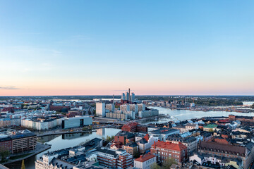 Aerial sunset view of beautiful city Helsinki, Finland