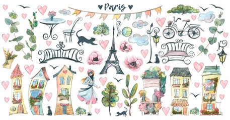 A large set of Parisian streets. Houses, plants, lanterns. Watercolor illustration in sketch style with graphic elements. For the design and decoration of postcards, posters, souvenirs, booklets - obrazy, fototapety, plakaty